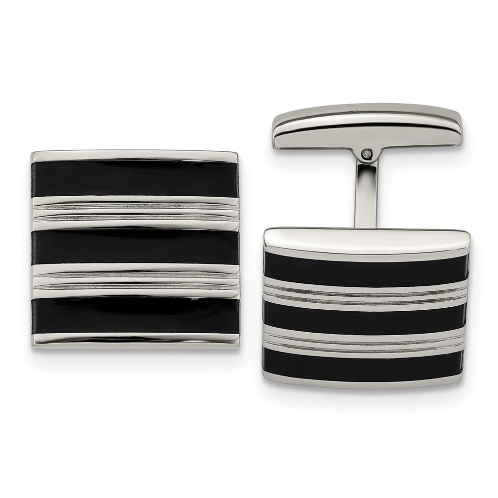 Stainless Steel & Black Rubber Grooved Striped Cuff Links, 18 x 17mm, Item M11156 by The Black Bow Jewelry Co.