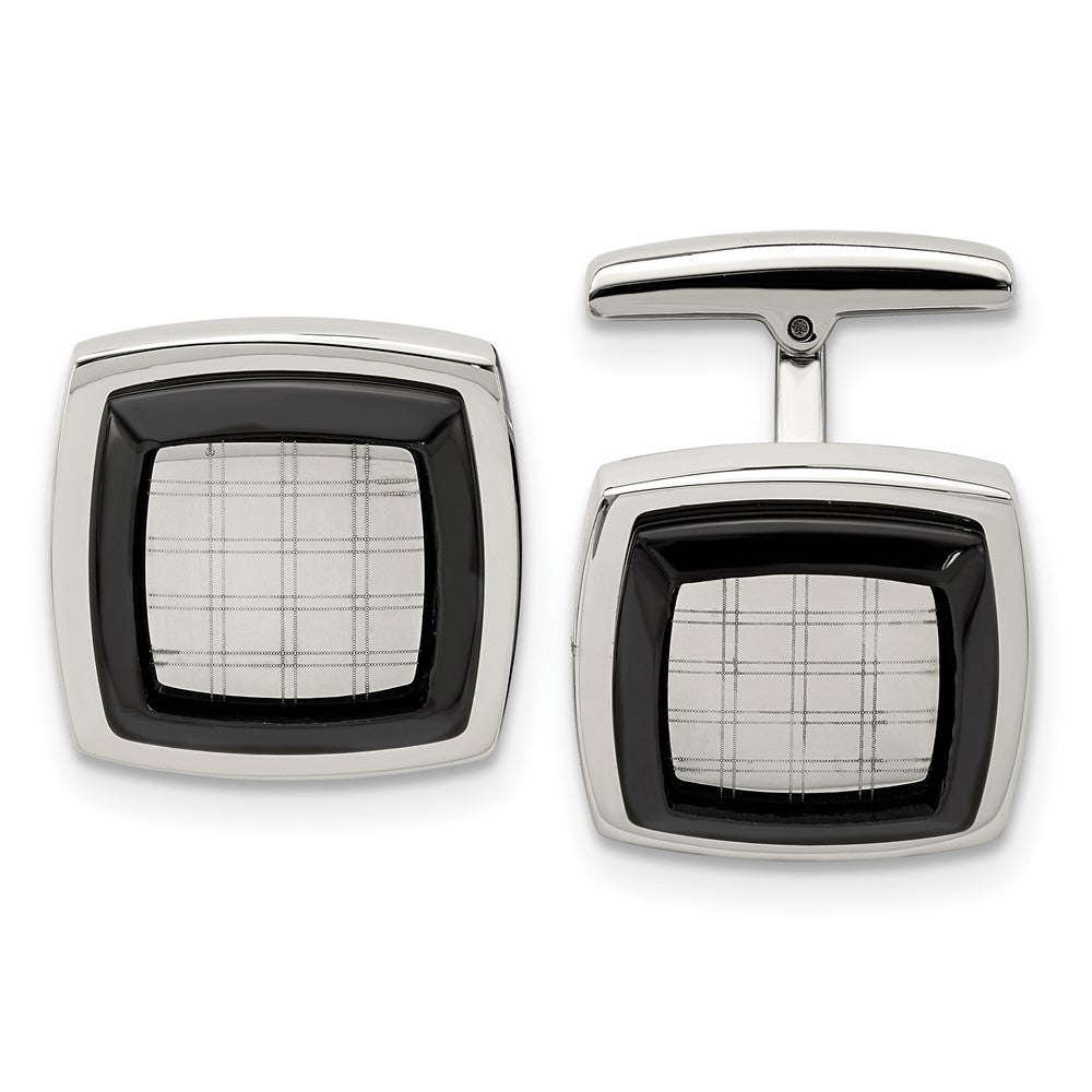 Stainless Steel & Black Plated Polished & Etched Cuff Links, 19mm, Item M11159 by The Black Bow Jewelry Co.