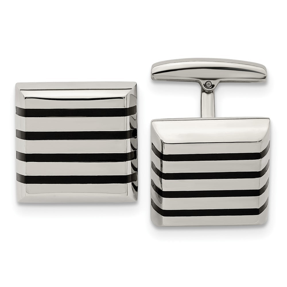 Stainless Steel & Black Rubber Striped Square Cuff Links, 17.5mm, Item M11160 by The Black Bow Jewelry Co.