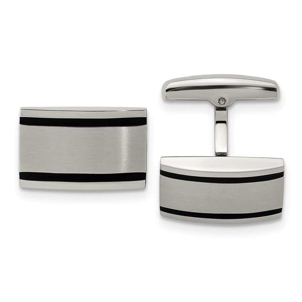 Stainless Steel & Black Rubber Brushed Rectangle Cuff Links, 20 x 12mm, Item M11161 by The Black Bow Jewelry Co.