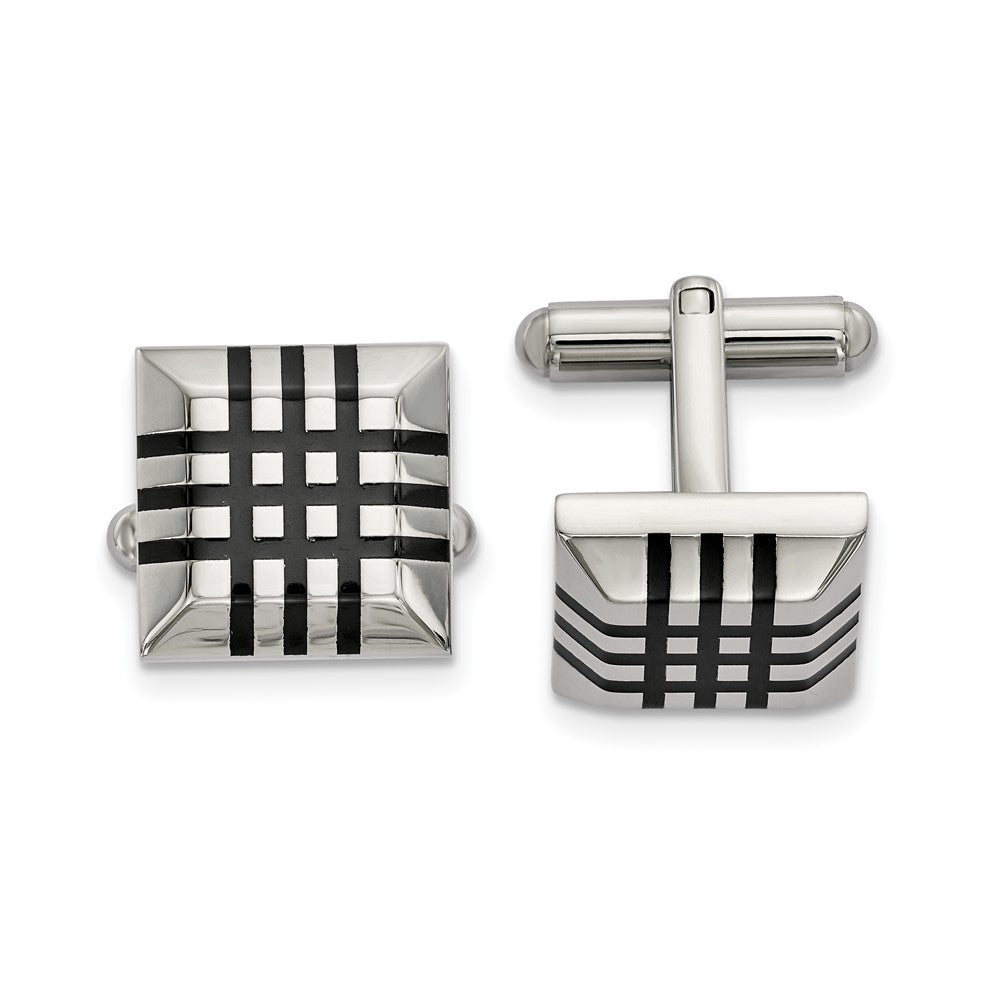 Stainless Steel & Black Rubber Striped Square Cuff Links, 15mm, Item M11163 by The Black Bow Jewelry Co.