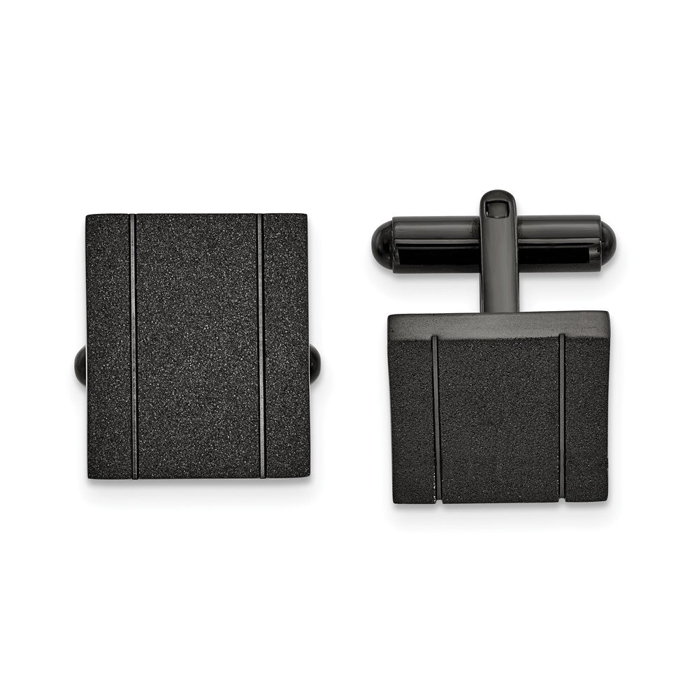 Black Plated Stainless Steel Laser Cut Rectangle Cuff Links, 15 x 17mm, Item M11164 by The Black Bow Jewelry Co.