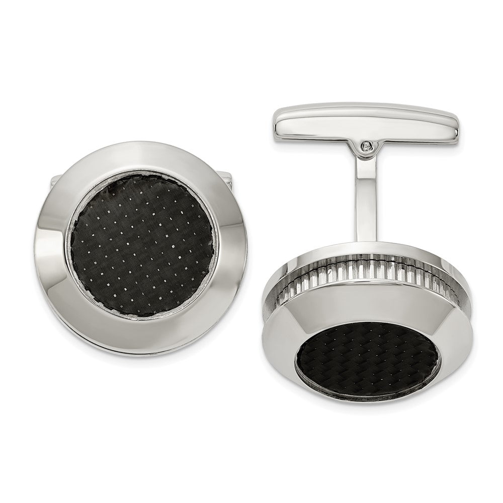 Stainless Steel & Black Carbon Fiber Round Cuff Links, 19mm (3/4 Inch), Item M11167 by The Black Bow Jewelry Co.