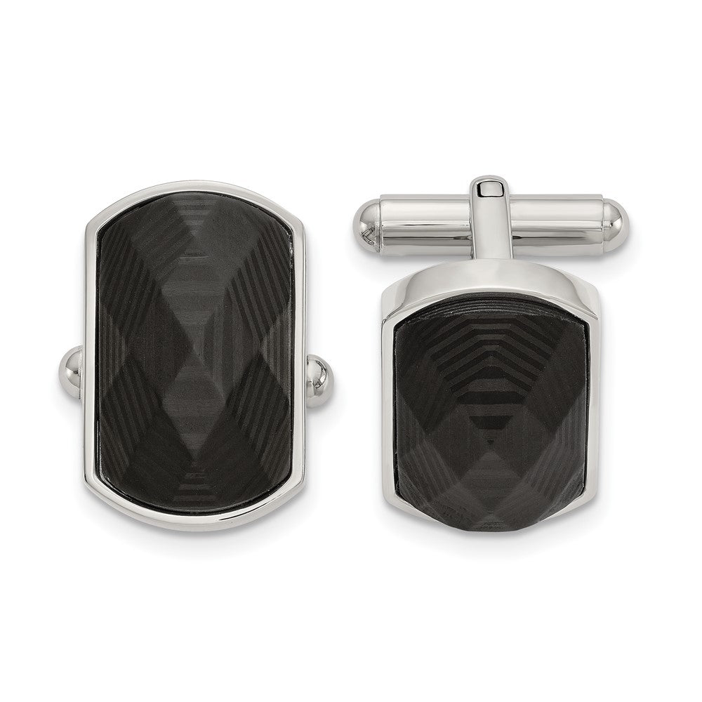 Stainless Steel & Black Carbon Fiber Faceted Cuff Links, 22 x 14mm, Item M11168 by The Black Bow Jewelry Co.