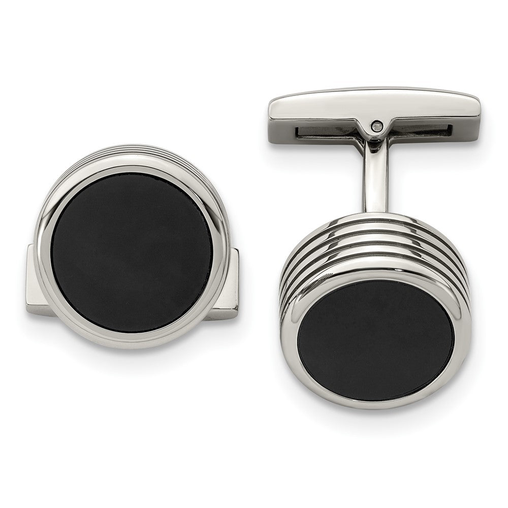 Stainless Steel & Black Plated Grooved Side Round Cuff Links, 15mm, Item M11170 by The Black Bow Jewelry Co.