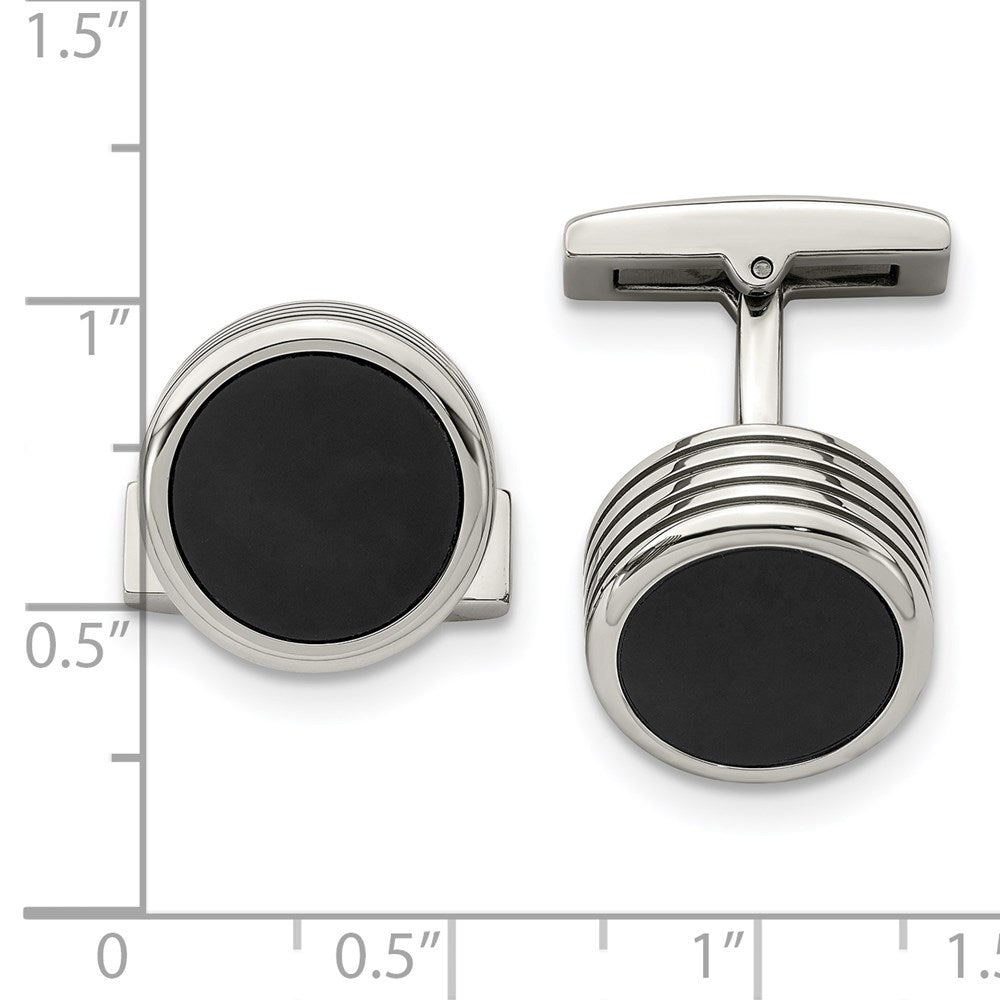 Alternate view of the Stainless Steel & Black Plated Grooved Side Round Cuff Links, 15mm by The Black Bow Jewelry Co.