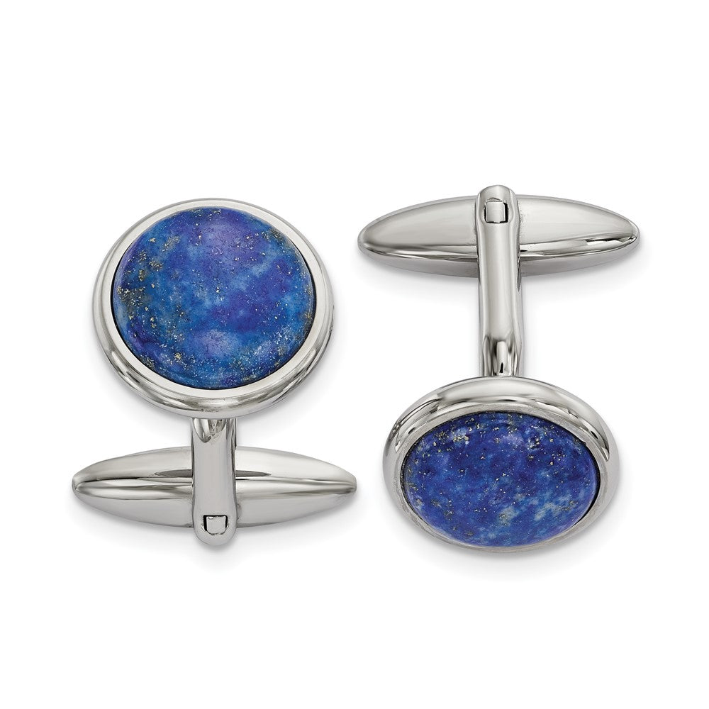 Stainless Steel & Blue Lapis Round Cuff Links, 16mm (5/8 Inch), Item M11175 by The Black Bow Jewelry Co.