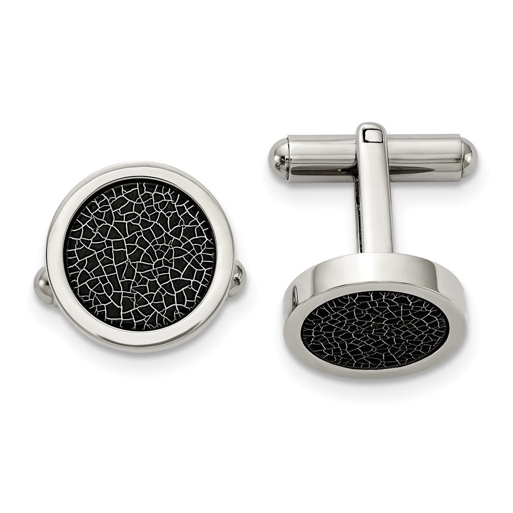 Stainless Steel & Black Stoving Varnish Round Flat Cuff Links, 16mm, Item M11176 by The Black Bow Jewelry Co.