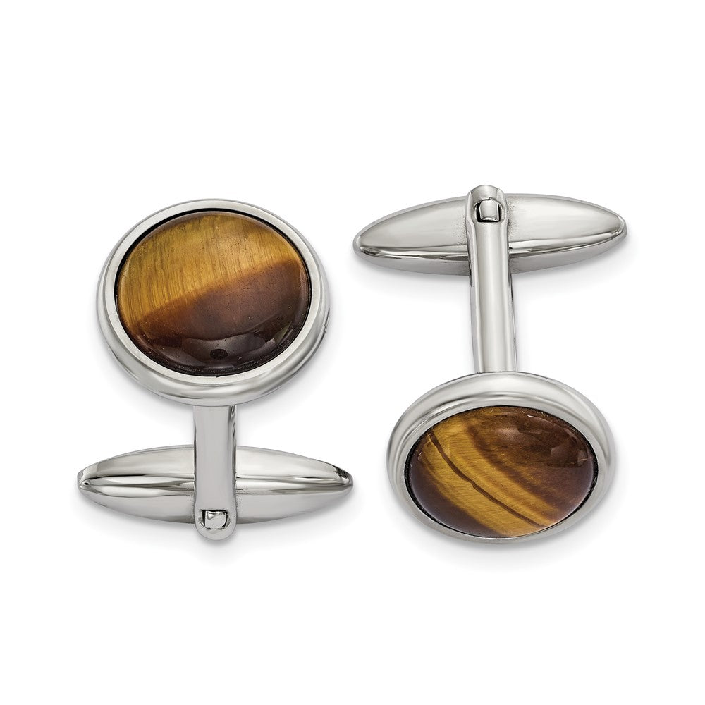 Stainless Steel & Brown Tiger's Eye Round Cuff Links, 16mm (5/8 Inch), Item M11183 by The Black Bow Jewelry Co.
