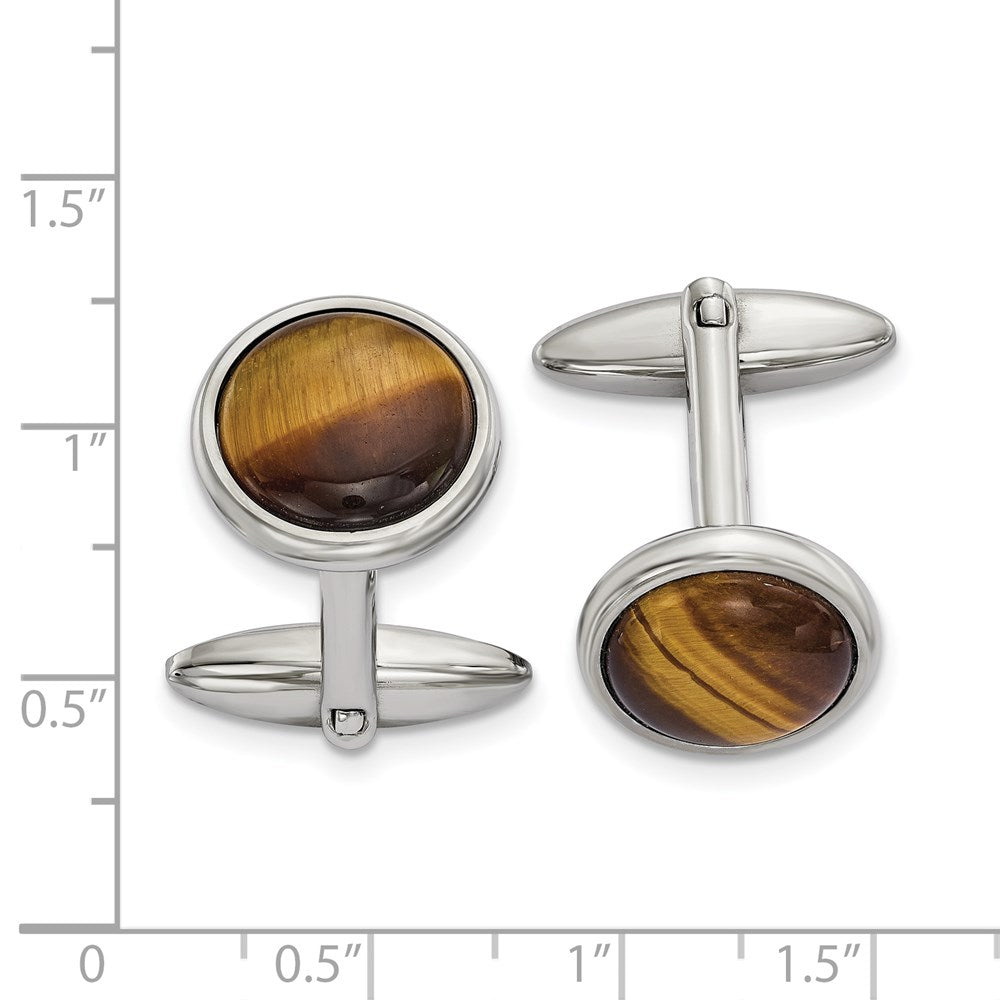 Alternate view of the Stainless Steel & Brown Tiger's Eye Round Cuff Links, 16mm (5/8 Inch) by The Black Bow Jewelry Co.