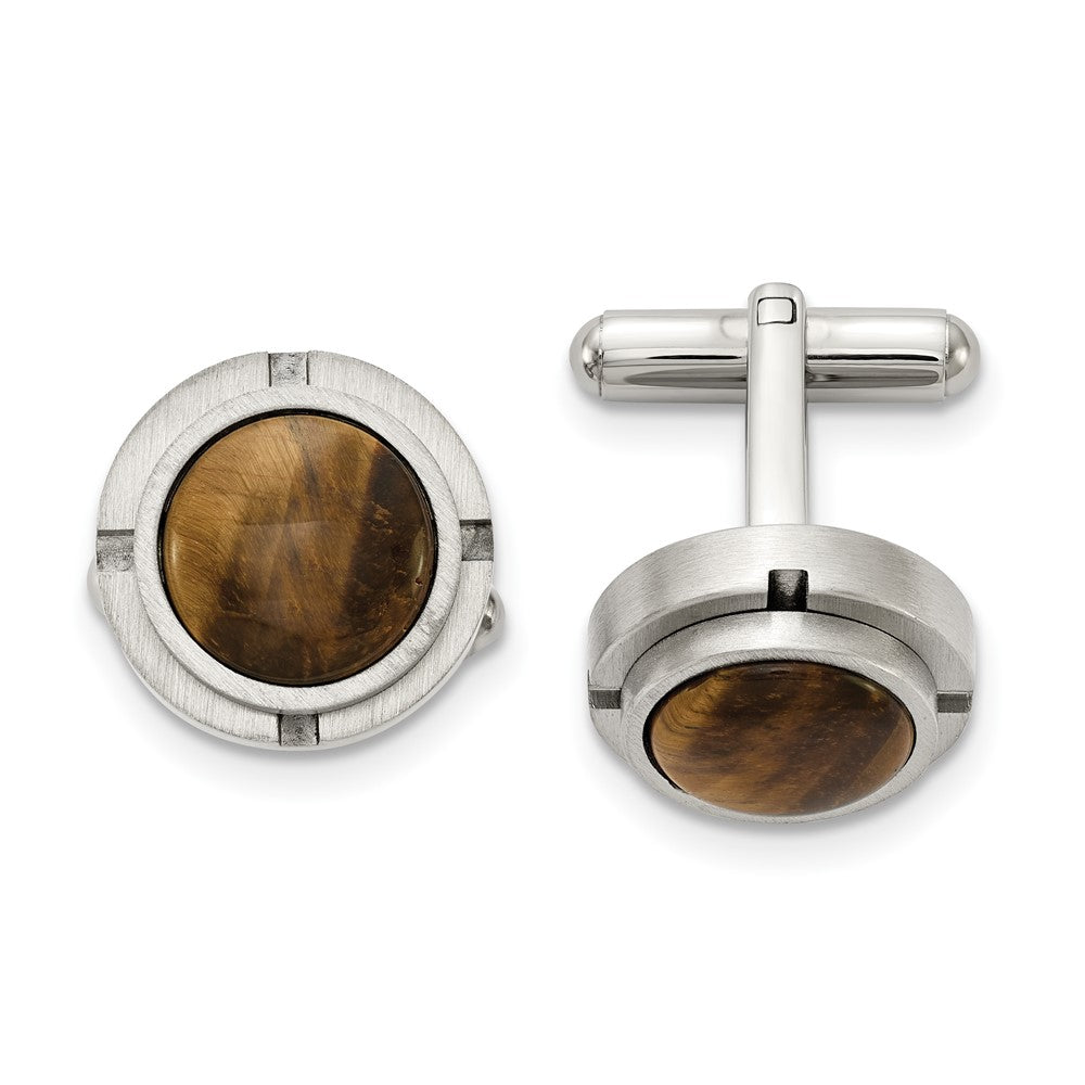 Stainless Steel & Brown Tiger's Eye Brushed Round Cuff Links, 17mm, Item M11184 by The Black Bow Jewelry Co.