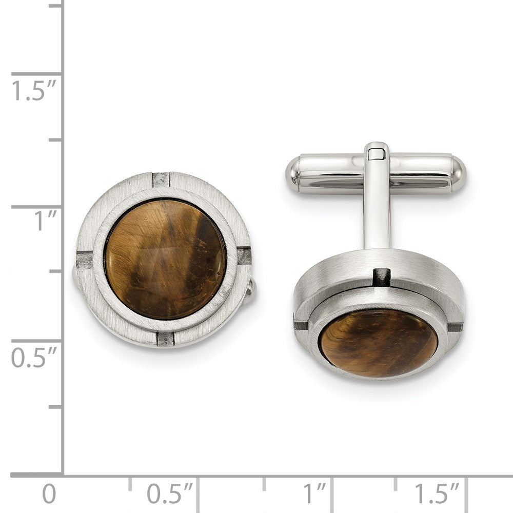 Alternate view of the Stainless Steel & Brown Tiger's Eye Brushed Round Cuff Links, 17mm by The Black Bow Jewelry Co.