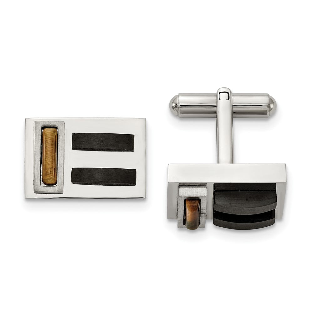 Two Tone Stainless Steel & Tiger's Eye Rectangle Cuff Links, 19 x 13mm, Item M11185 by The Black Bow Jewelry Co.