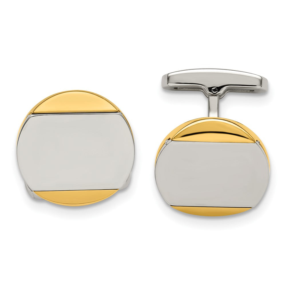 Stainless Steel, Gold Tone Plated & Polished Round Cuff Links, 18mm, Item M11186 by The Black Bow Jewelry Co.