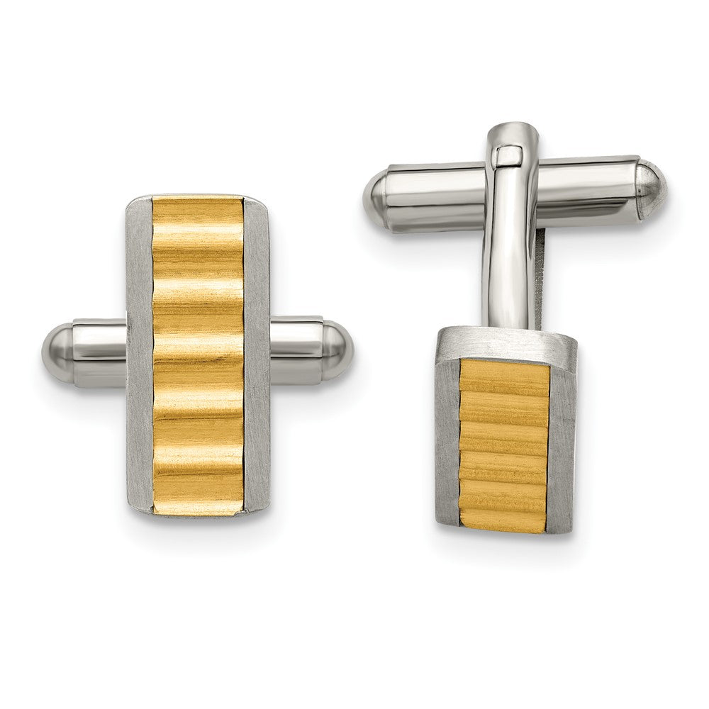Stainless Steel Gold Tone Plated Brushed & Polished Cuff Links, 8x18mm, Item M11187 by The Black Bow Jewelry Co.