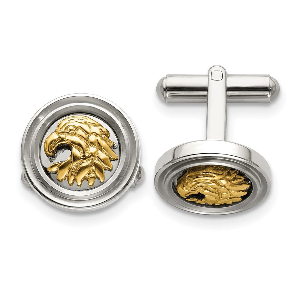 Stainless Steel & Gold Tone Plated Eagle Head Round Cuff Links, 16mm, Item M11188 by The Black Bow Jewelry Co.