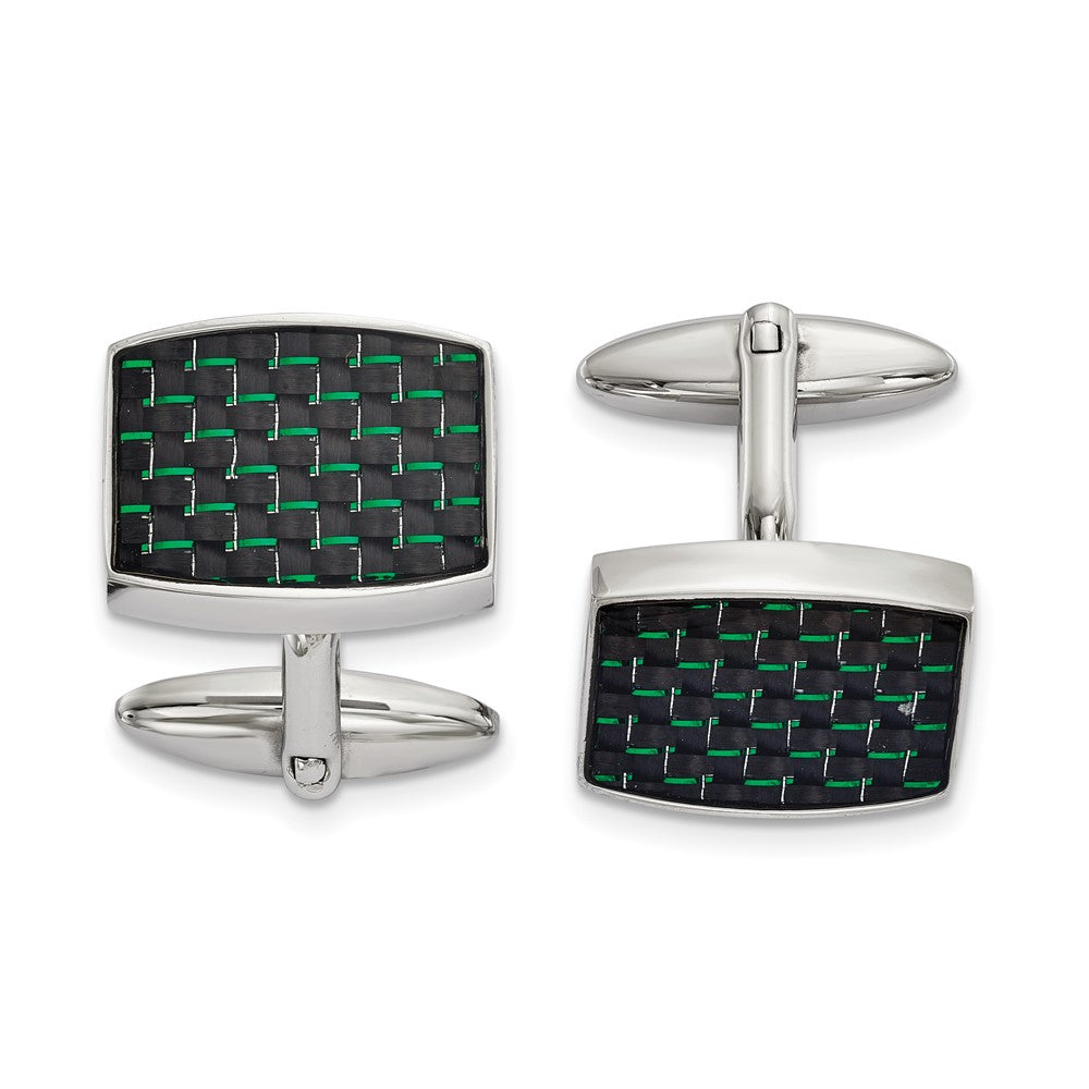 Stainless Steel, Blk & Green Carbon Fiber Rectangle Cuff Links 19x14mm, Item M11193 by The Black Bow Jewelry Co.