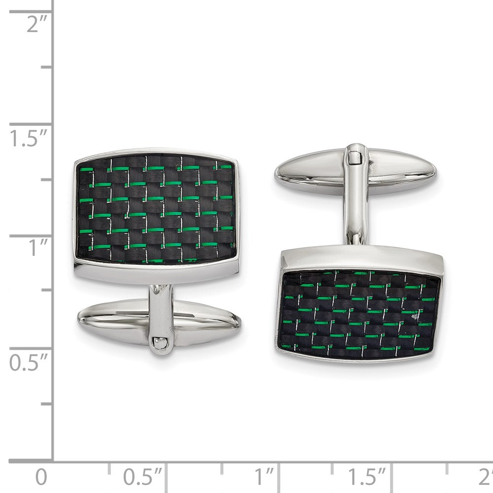 Alternate view of the Stainless Steel, Blk & Green Carbon Fiber Rectangle Cuff Links 19x14mm by The Black Bow Jewelry Co.