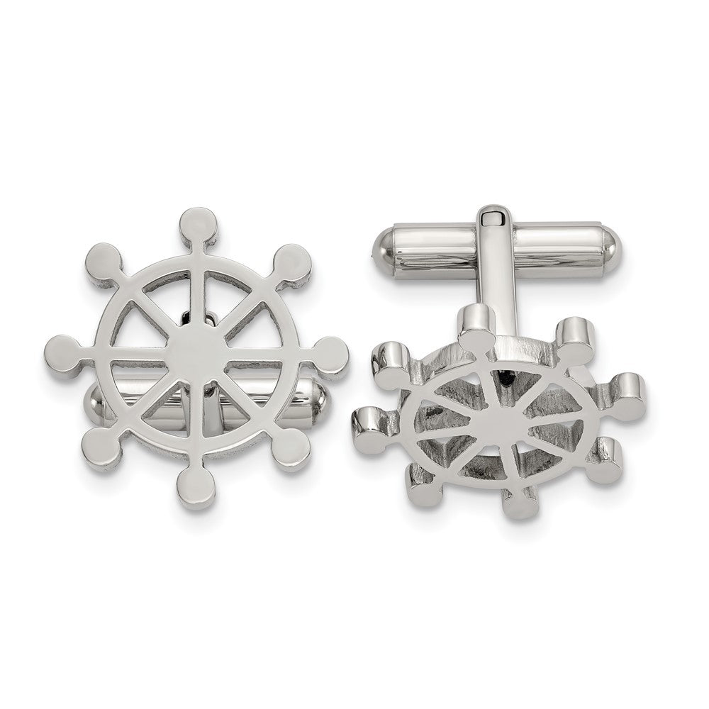 Stainless Steel Polished Ship's Wheel Cuff Links, 20mm (3/4 Inch), Item M11195 by The Black Bow Jewelry Co.