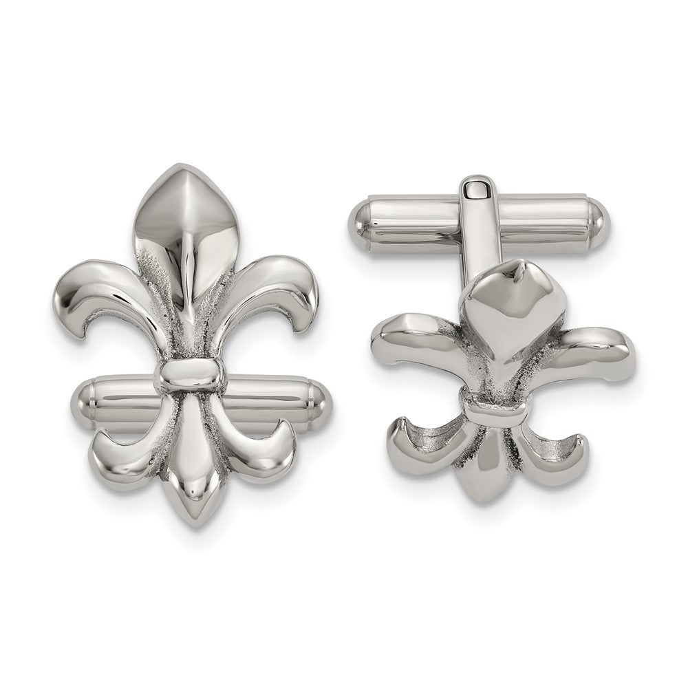 Stainless Steel Polished Fleur de Lis Cuff Links, 17 x 23mm, Item M11196 by The Black Bow Jewelry Co.