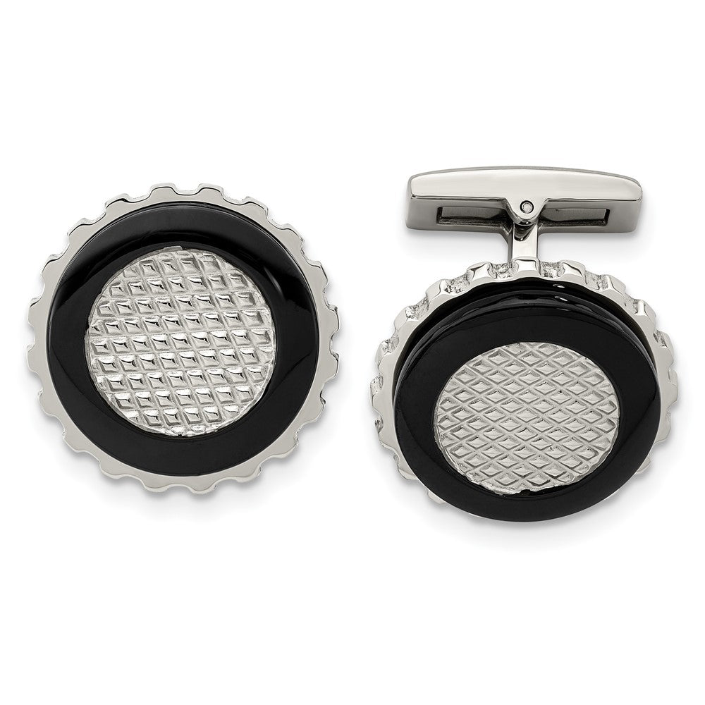 Stainless Steel & Black Plated Textured Round Cuff Links, 22mm, Item M11201 by The Black Bow Jewelry Co.