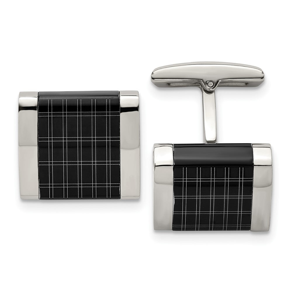 Stainless Steel & Black Plated Laser Design Square Cuff Links, 16mm, Item M11202 by The Black Bow Jewelry Co.