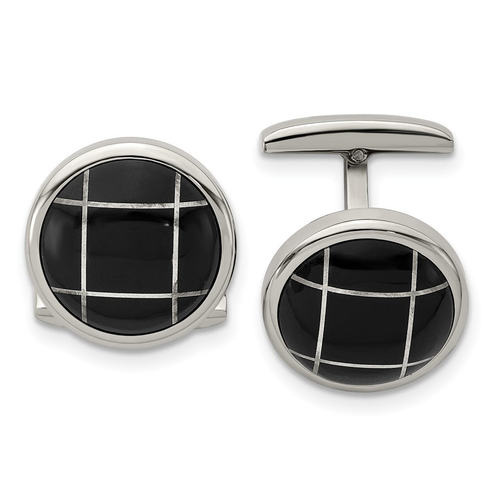 Stainless Steel & Black Plated Round Grid Cuff Links, 18mm, Item M11203 by The Black Bow Jewelry Co.