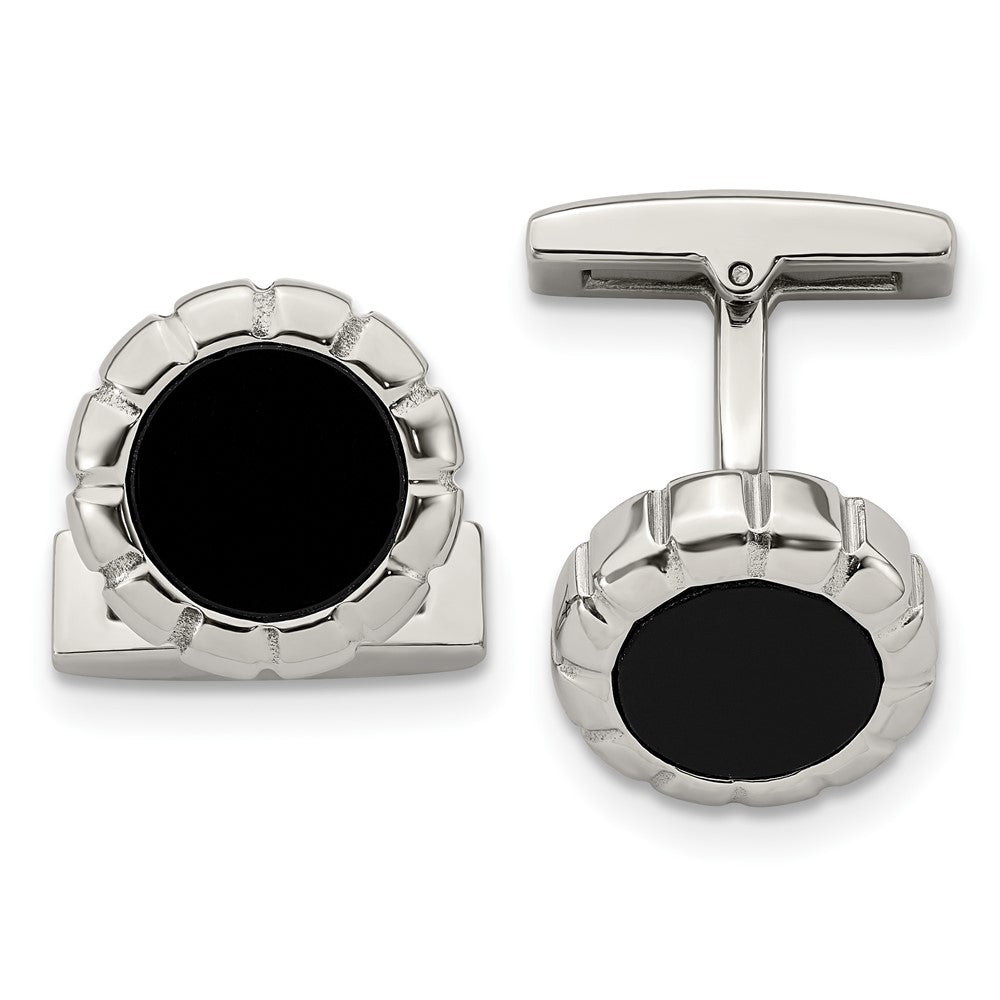 Stainless Steel & Black Plated Scalloped Edge Round Cuff Links, 14mm, Item M11210 by The Black Bow Jewelry Co.