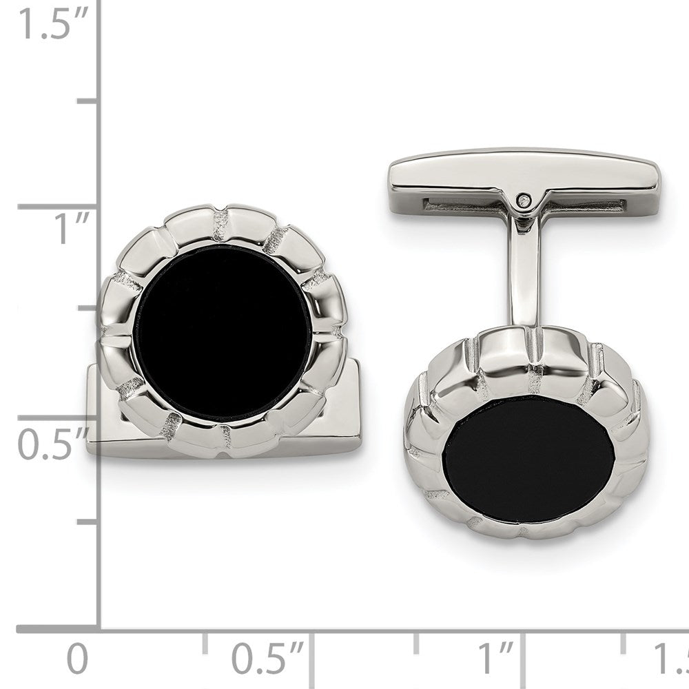 Alternate view of the Stainless Steel & Black Plated Scalloped Edge Round Cuff Links, 14mm by The Black Bow Jewelry Co.