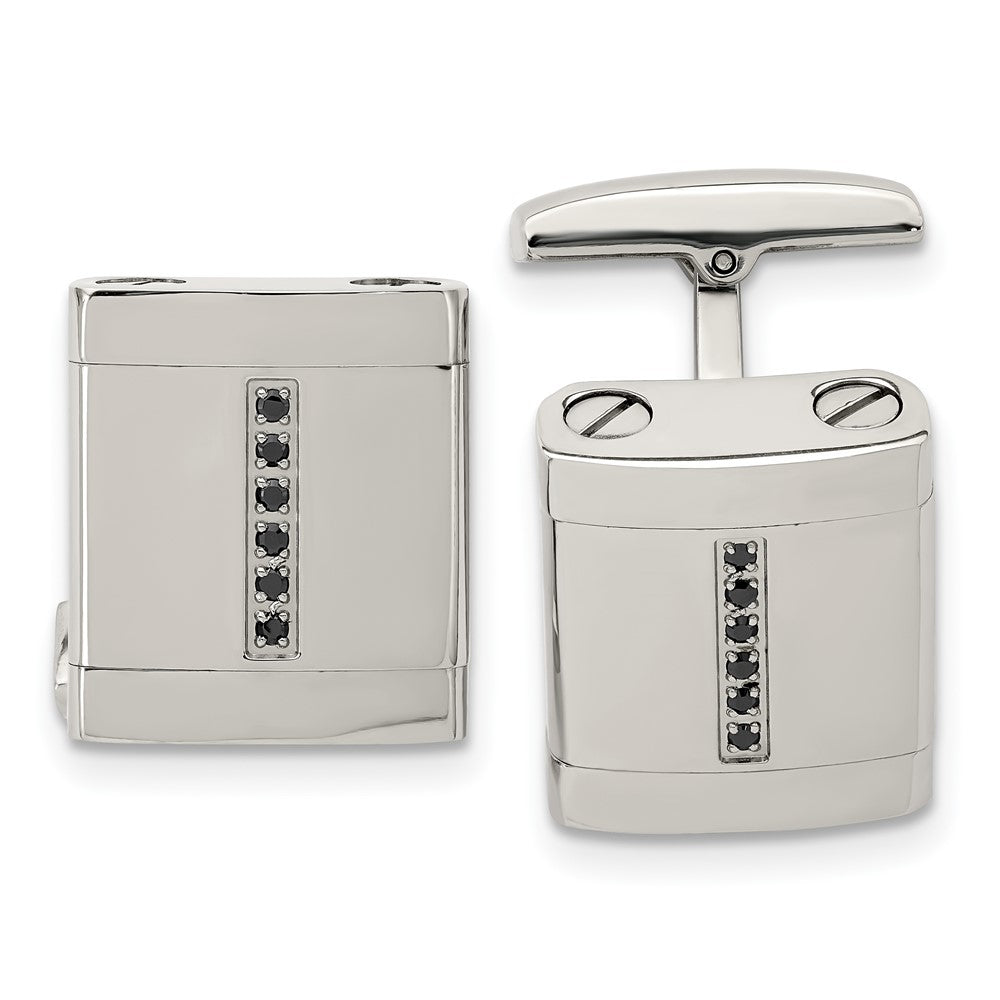 Stainless Steel & Black CZ Rectangle Cuff Links, 19 x 15mm, Item M11212 by The Black Bow Jewelry Co.