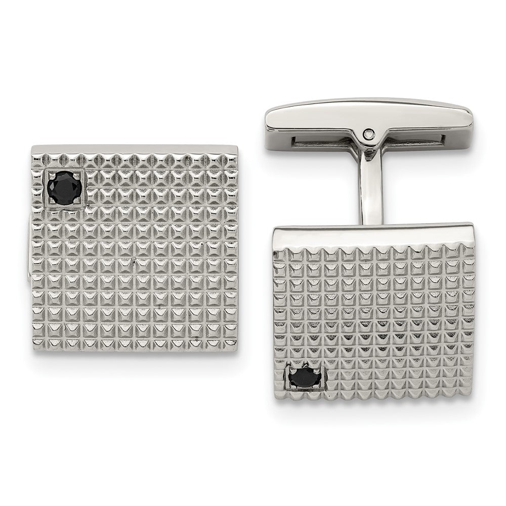 Stainless Steel & Black CZ Textured Square Cuff Links, 16mm, Item M11213 by The Black Bow Jewelry Co.