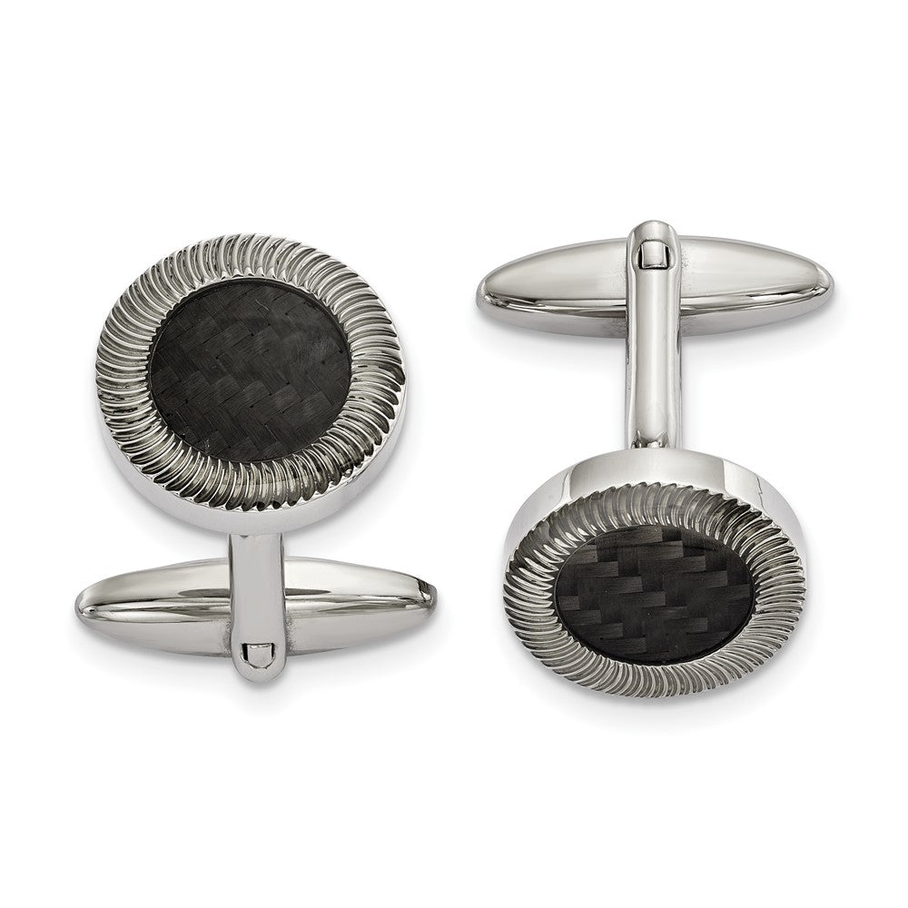 Stainless Steel & Black Carbon Fiber Textured Round Cuff Links, 16mm, Item M11220 by The Black Bow Jewelry Co.