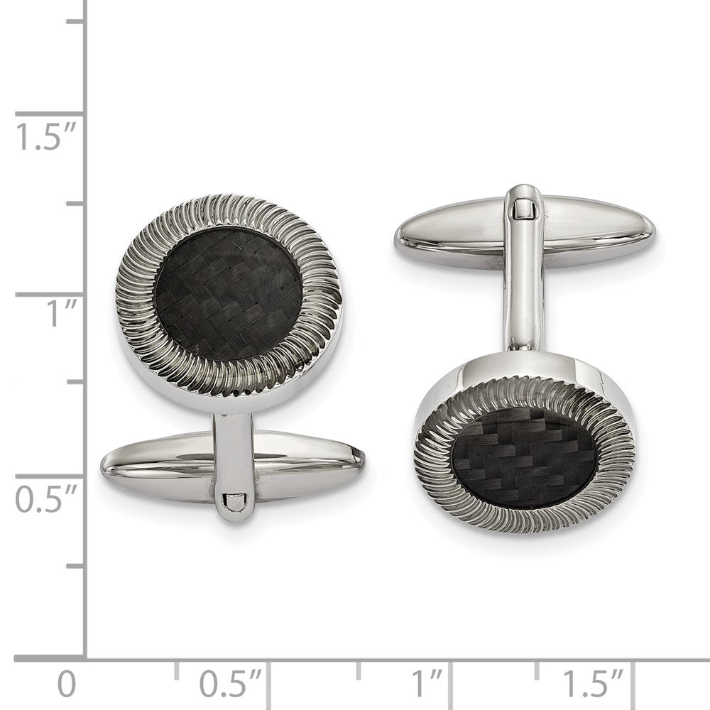 Alternate view of the Stainless Steel & Black Carbon Fiber Textured Round Cuff Links, 16mm by The Black Bow Jewelry Co.