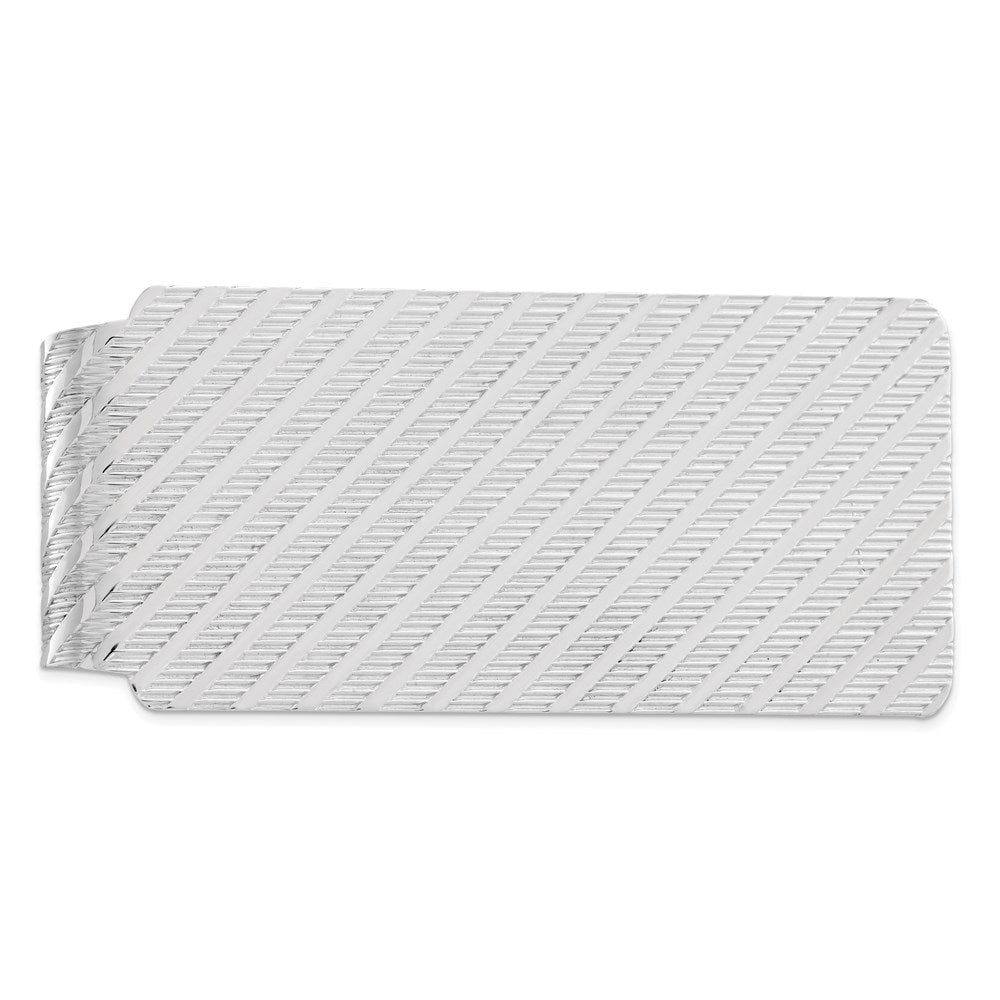Rhodium Plated Sterling Silver Diagonal Striped Money Clip, 27 x 60mm, Item M11249 by The Black Bow Jewelry Co.