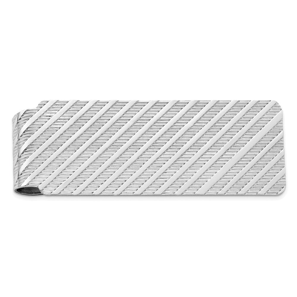 Rhodium Plated Sterling Silver Diagonal Striped Money Clip, 19 x 52mm, Item M11250 by The Black Bow Jewelry Co.