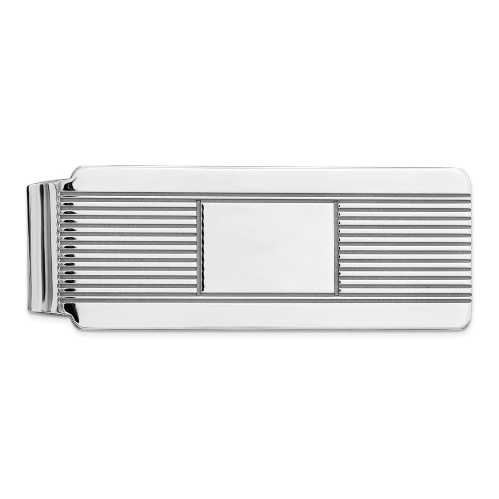 Rhodium Plated Sterling Silver Polished & Striped Fold Over Money Clip, Item M11253 by The Black Bow Jewelry Co.