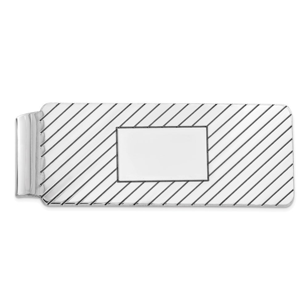 Rhodium Plated Sterling Silver Striped Fold Over Money Clip 20 x 57mm, Item M11261 by The Black Bow Jewelry Co.