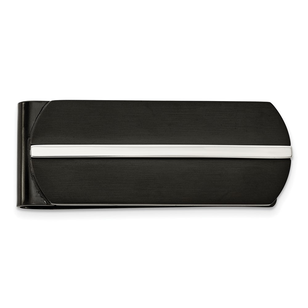 Men's Stainless Steel & Black Plated Striped Fold Over Money Clip, Item M11274 by The Black Bow Jewelry Co.