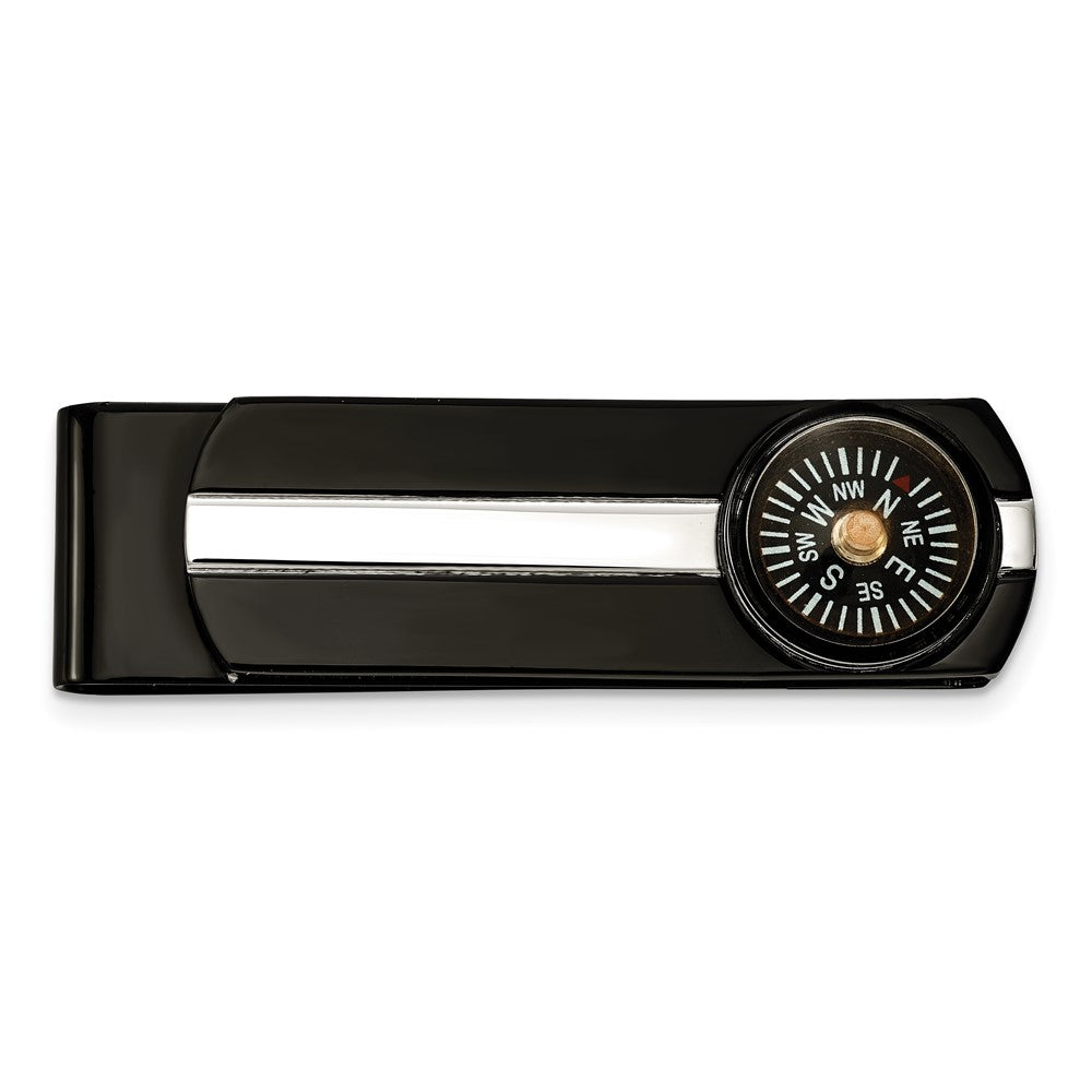 Stainless Steel & Black Plated Functional Compass Fold Over Money Clip, Item M11276 by The Black Bow Jewelry Co.
