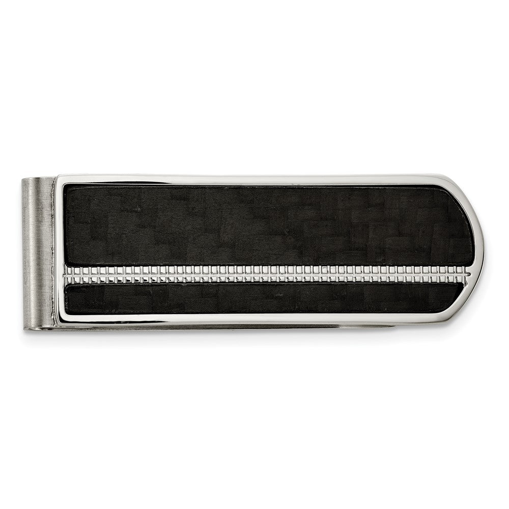 Men's Stainless Steel & Black Carbon Fiber Fold Over Money Clip, Item M11277 by The Black Bow Jewelry Co.
