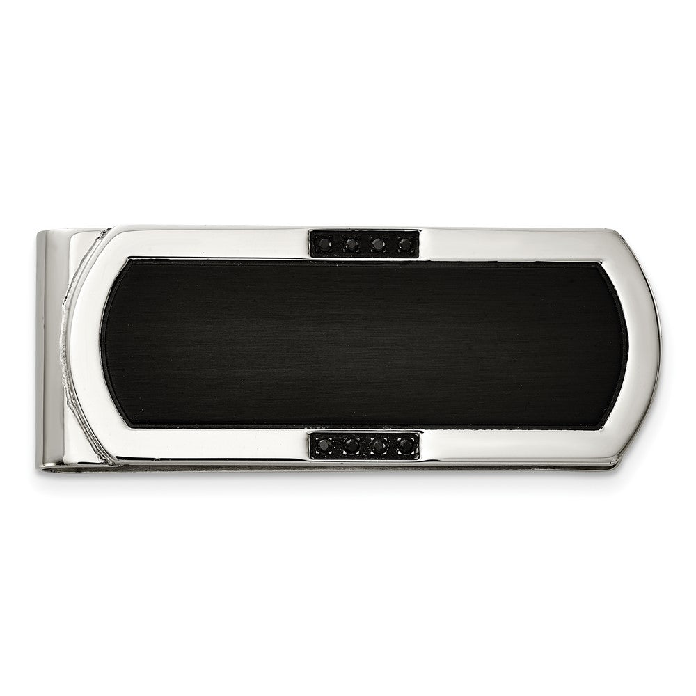 Men's Stainless Steel, Black Plated & Black CZ Fold Over Money Clip, Item M11278 by The Black Bow Jewelry Co.