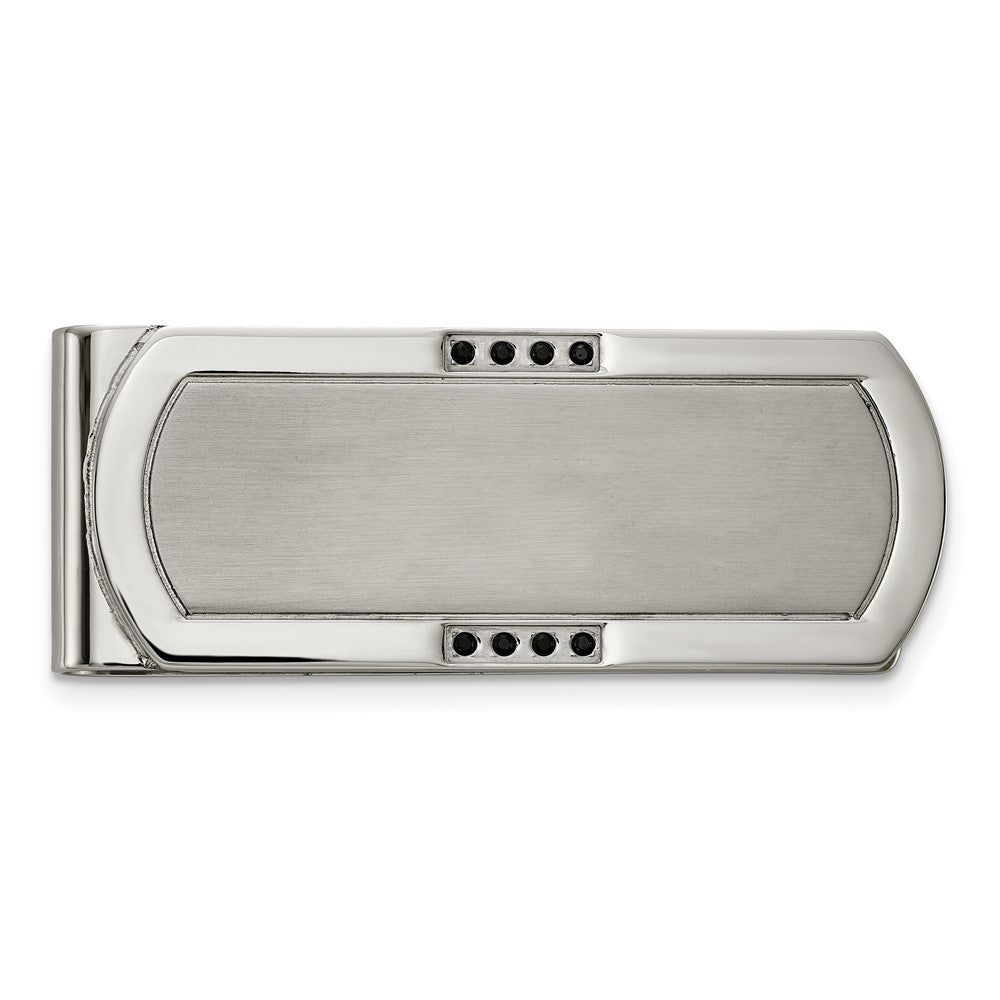 Stainless Steel & Black CZ, Brushed & Polished Fold Over Money Clip, Item M11279 by The Black Bow Jewelry Co.