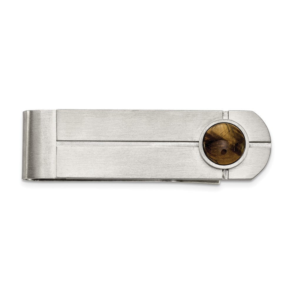 Men's Stainless Steel & Brown Tiger's Eye Brushed Fold Over Money Clip, Item M11282 by The Black Bow Jewelry Co.