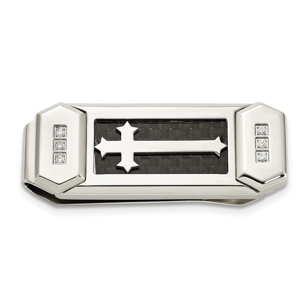 Stainless Steel, CZ & Black Carbon Fiber Cross Fold Over Money Clip, Item M11285 by The Black Bow Jewelry Co.