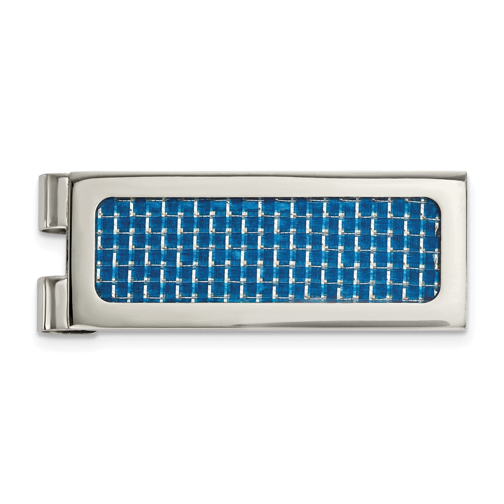 Men's Stainless Steel & Blue Carbon Fiber Spring Loaded Money Clip, Item M11296 by The Black Bow Jewelry Co.