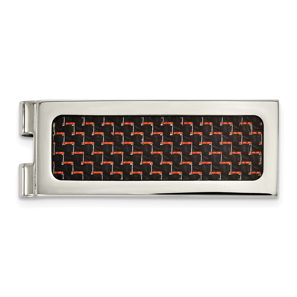 Mens Stainless Steel Black & Red Carbon Fiber Spring Loaded Money Clip, Item M11297 by The Black Bow Jewelry Co.