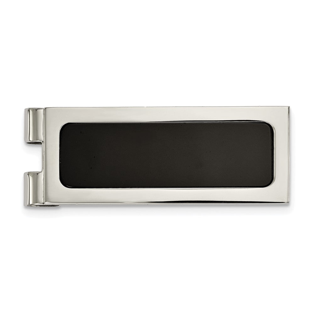 Men's Stainless Steel & Black Agate Inlay Spring Loaded Money Clip, Item M11299 by The Black Bow Jewelry Co.