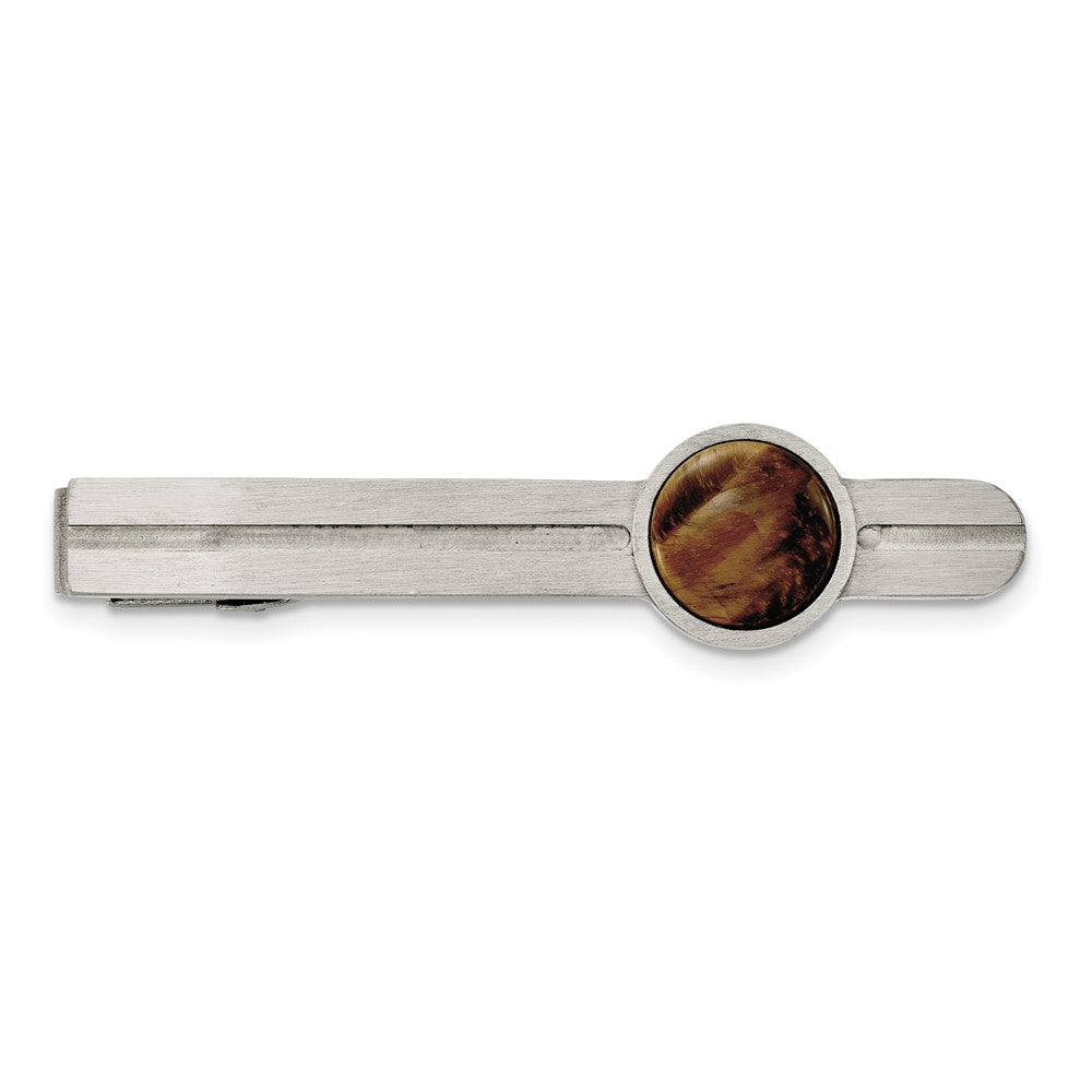 Stainless Steel & Brown Tiger's Eye Brushed Tie Bar Clip, 13 x 58mm, Item M11328 by The Black Bow Jewelry Co.