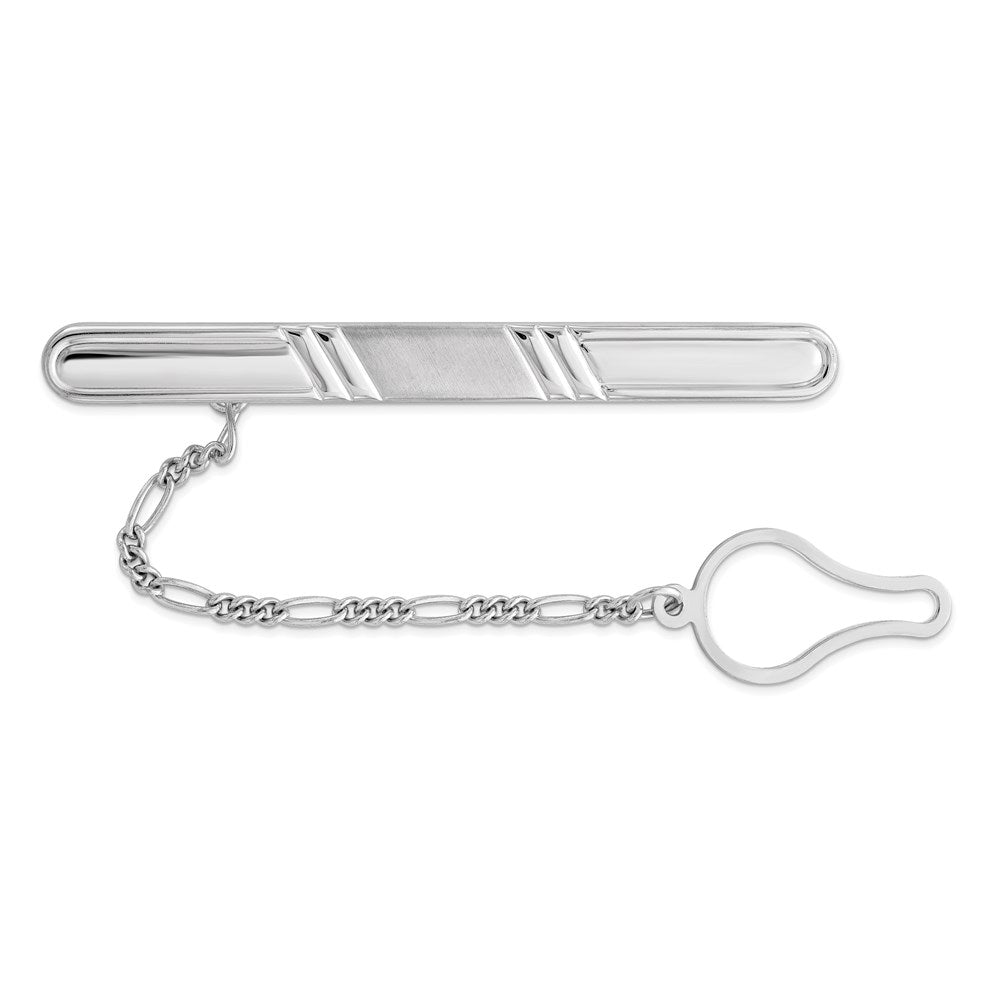 Rhodium Plated Sterling Silver Grooved with Button Chain Long Tie Bar, Item M11375 by The Black Bow Jewelry Co.