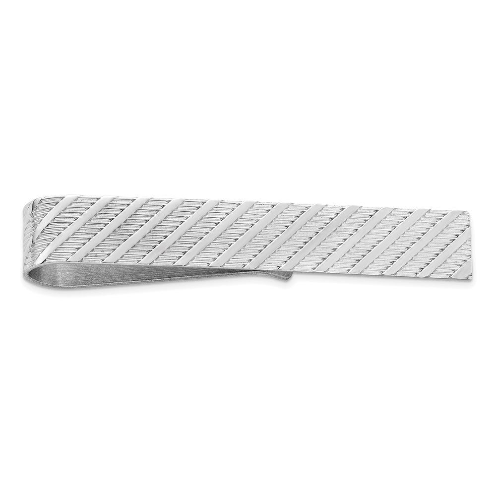 Rhodium Plated Sterling Silver Diagonal Striped Tie Bar, 7 x 50mm, Item M11384 by The Black Bow Jewelry Co.